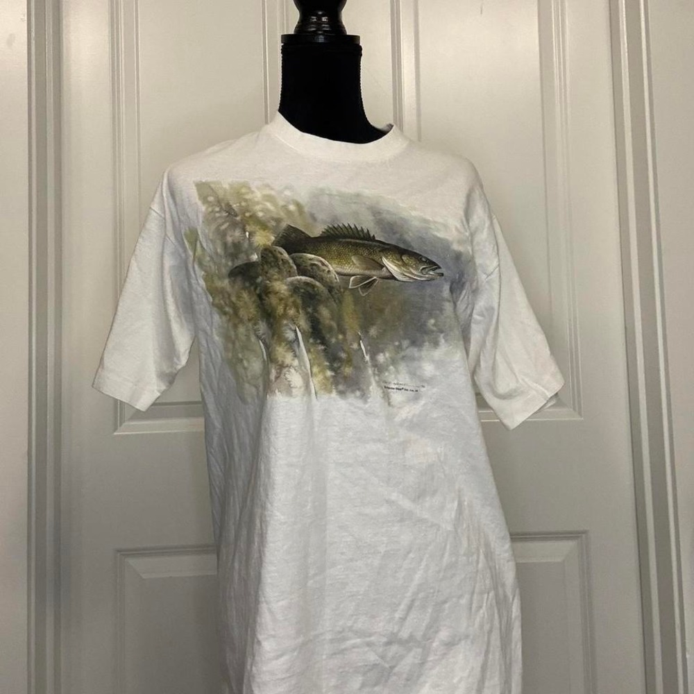 Vintage Earth Tones Walleye Fish‎ Nature Graphic T-Shirt Off White Large